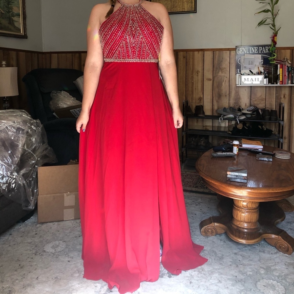 Red Prom Dress with Beaded Bodice and Slit